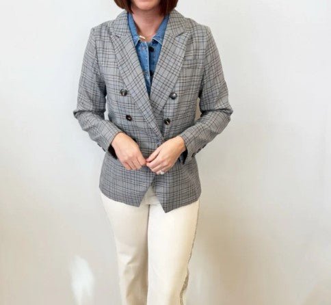 Plaid Denim Trim Double - Breasted Blazer for Women | Tailored Grey Blazer Jacket - Heritage - Boutique.com