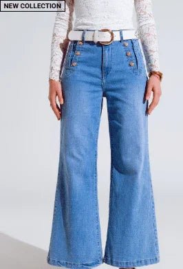 Q2 Hi Waist Wide Leg Gold Button Jeans - Heritage - Boutique.com
