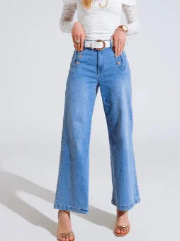Q2 Hi Waist Wide Leg Gold Button Jeans - Heritage - Boutique.com