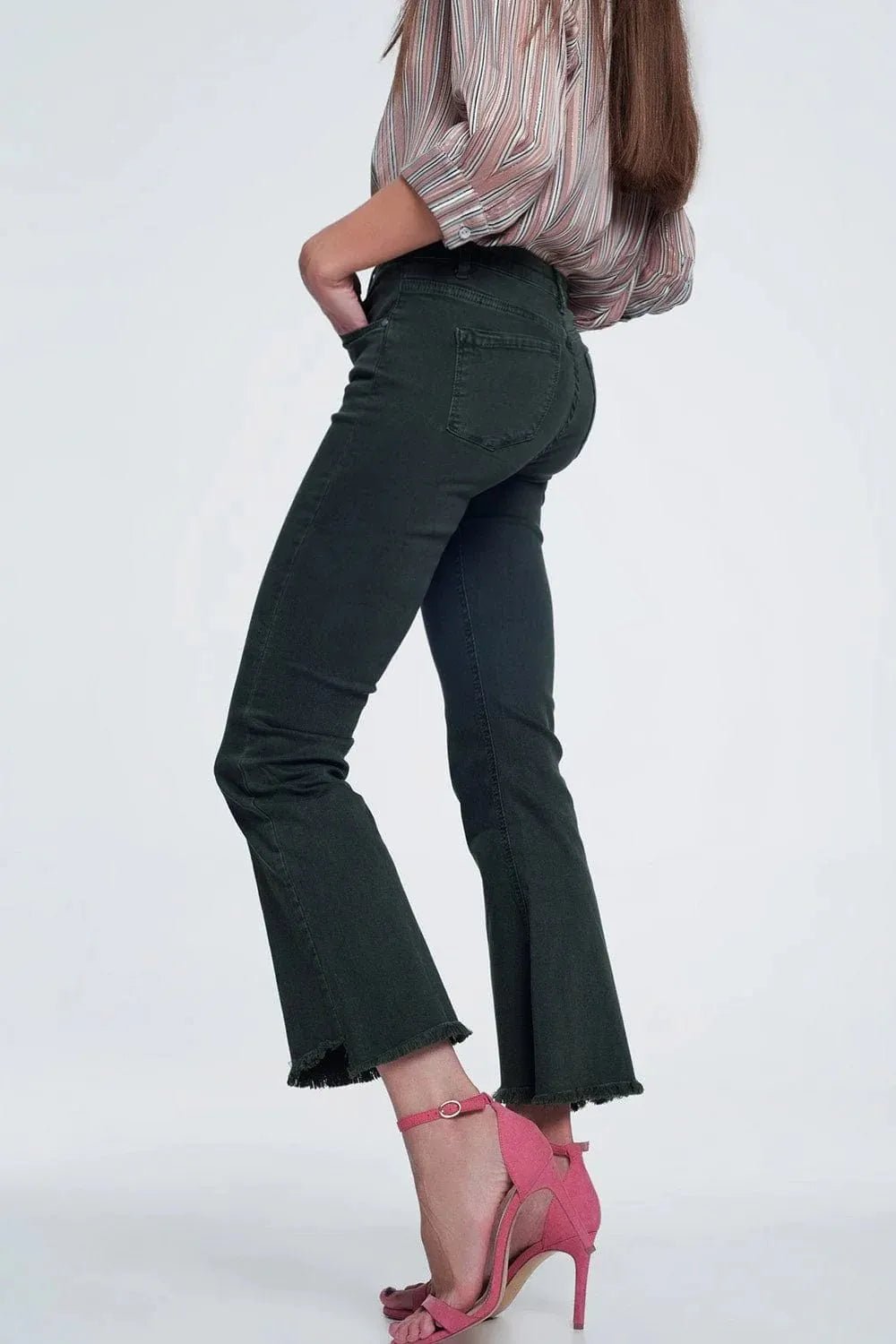 Q2 High Rise Raw Hem Flared Jeans - Heritage - Boutique.com
