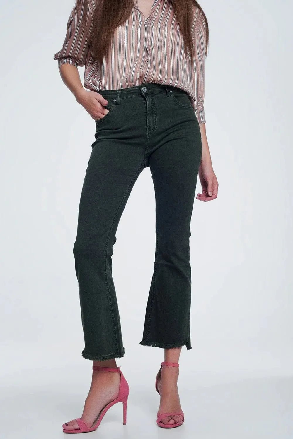 Q2 High Rise Raw Hem Flared Jeans - Heritage - Boutique.com