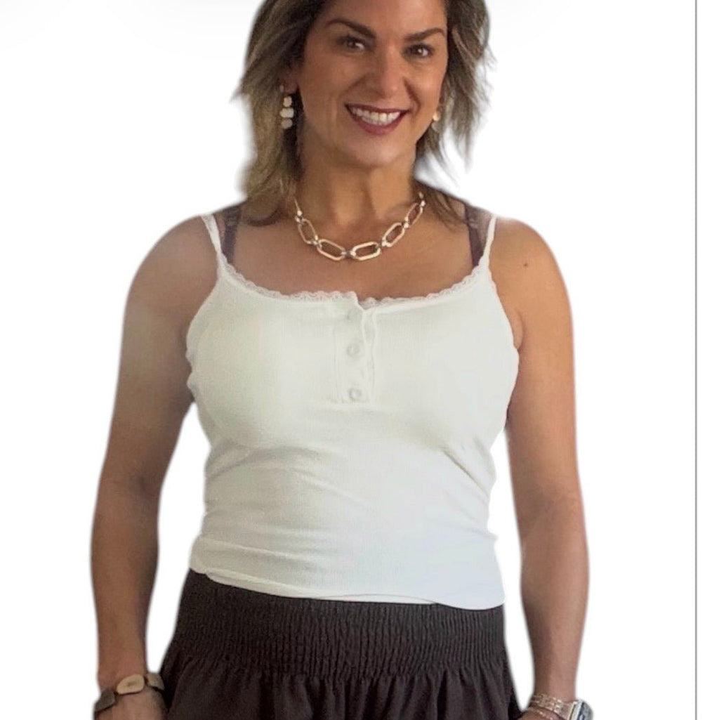Q2 White Fitted Lace Trim Tank Top – Women’s Ribbed Stretch Cami with Floral Lace Detail, Scoop Neck Button Front Summer Essential - Heritage - Boutique.com