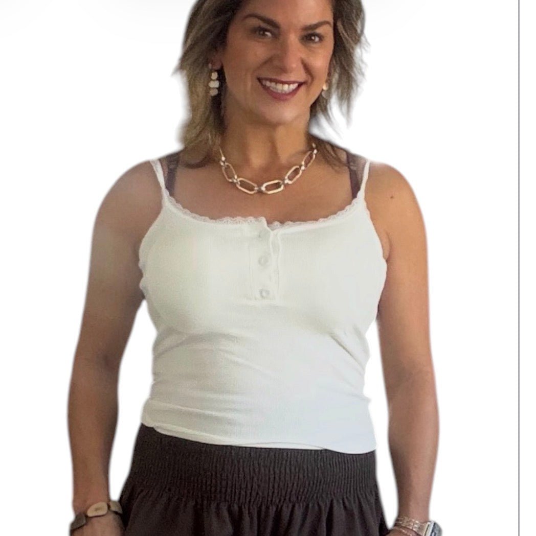 Q2 White Fitted Lace Trim Tank Top – Women’s Ribbed Stretch Cami with Floral Lace Detail, Scoop Neck Button Front Summer Essential - Heritage - Boutique.com