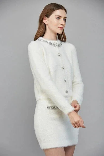 Rhinestone Embellished Fuzzy Knit Cardigan - Heritage - Boutique.com