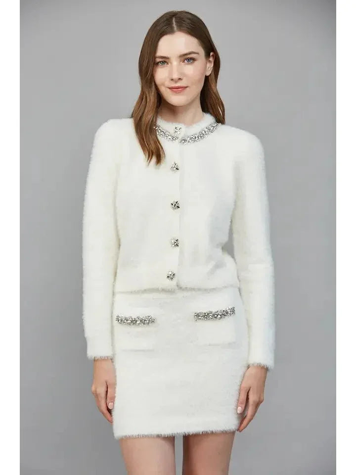Rhinestone Embellished Fuzzy Knit Cardigan - Heritage - Boutique.com