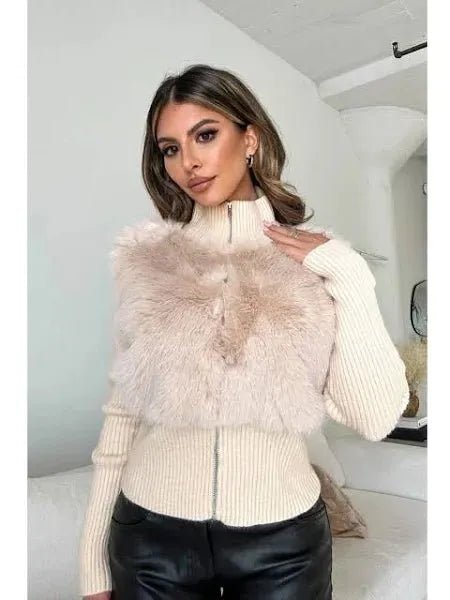 Ribbed Long Sleeve Cardi With Faux Fur Detail - Heritage - Boutique.com
