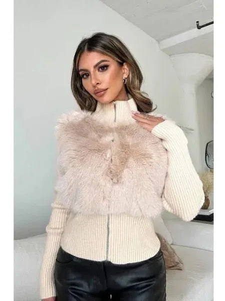 Ribbed Long Sleeve Cardi With Faux Fur Detail - Heritage-Boutique.com