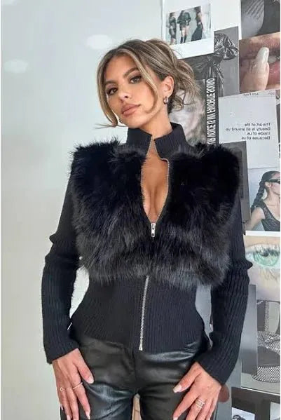 Ribbed Long Sleeve Cardi With Faux Fur Detail - Heritage-Boutique.com