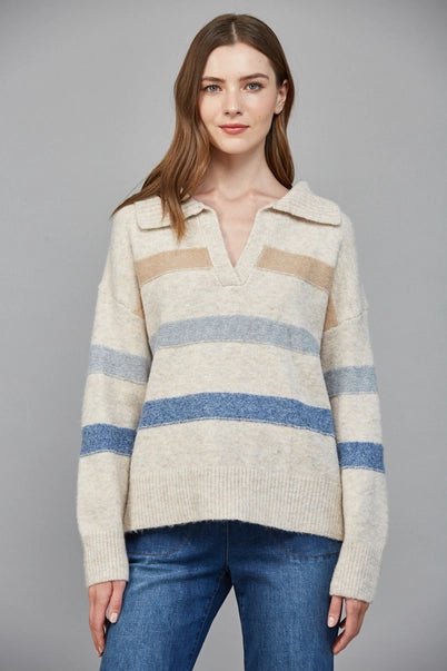 Ribbed Wide Collar with V - Slit Striped Sweater - Heritage - Boutique.com
