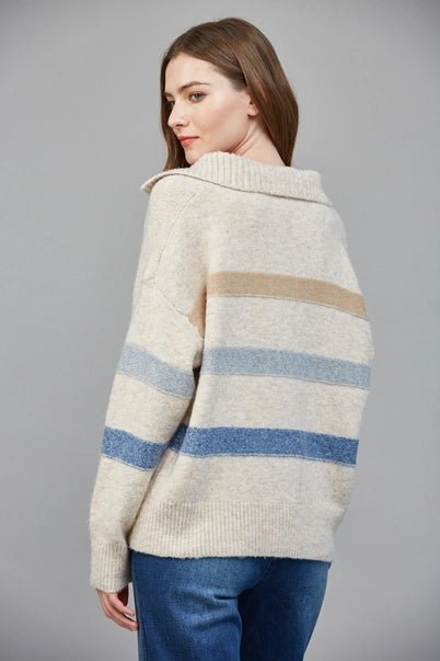 Ribbed Wide Collar with V - Slit Striped Sweater - Heritage - Boutique.com