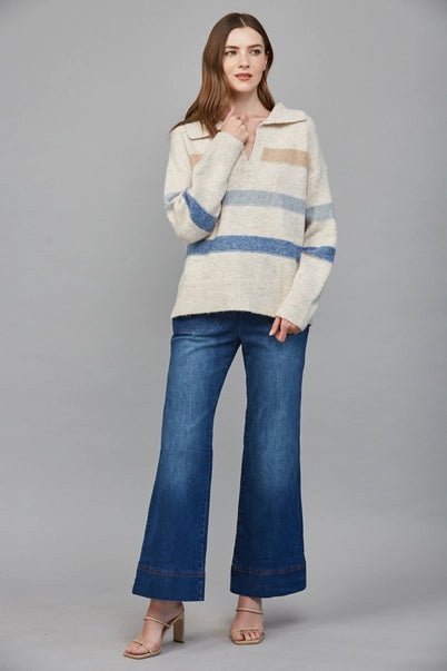 Ribbed Wide Collar with V - Slit Striped Sweater - Heritage - Boutique.com