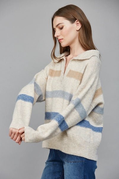 Ribbed Wide Collar with V - Slit Striped Sweater - Heritage - Boutique.com