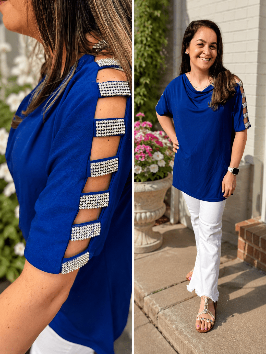 Royal Elegance Rhinestone Sleeve Top – Cobalt Blue Embellished Blouse - Heritage-Boutique.com