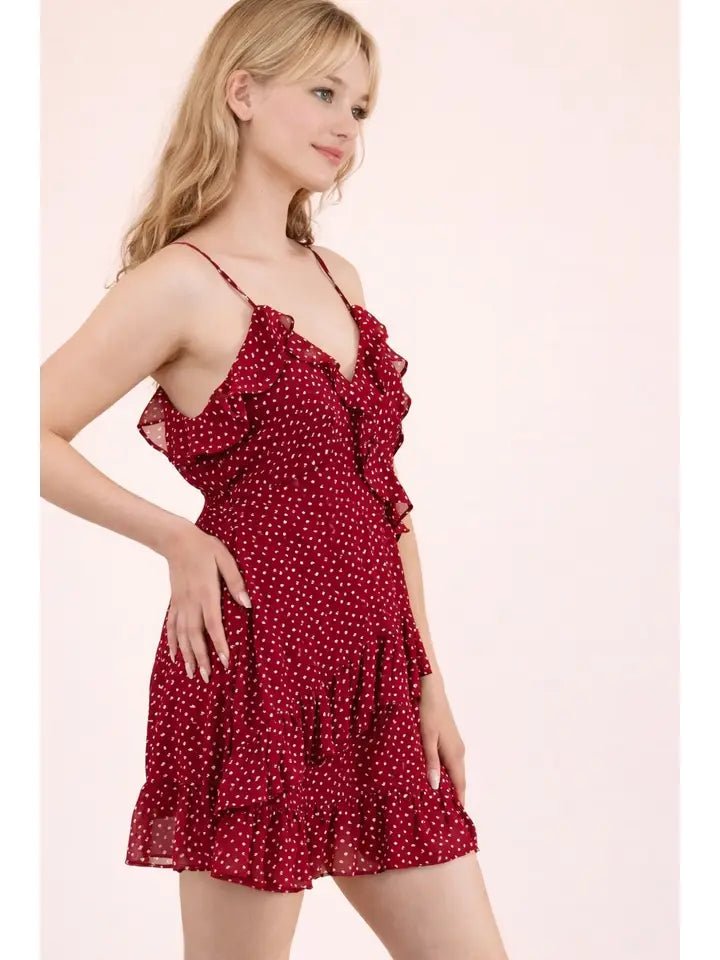 Ruffled Asymmetrical Mini Dress – Dotted Woven V - NecK - Heritage - Boutique.com