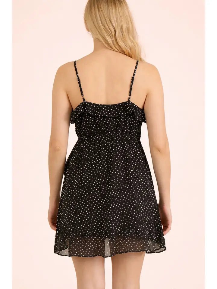 Ruffled Asymmetrical Mini Dress – Dotted Woven V - NecK - Heritage - Boutique.com