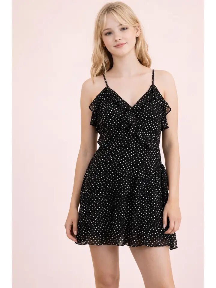 Ruffled Asymmetrical Mini Dress – Dotted Woven V - NecK - Heritage - Boutique.com
