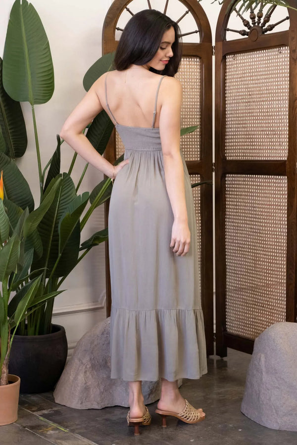 Sage Spaghetti Strap Maxi Dress with Wooden Buttons - Heritage-Boutique.com