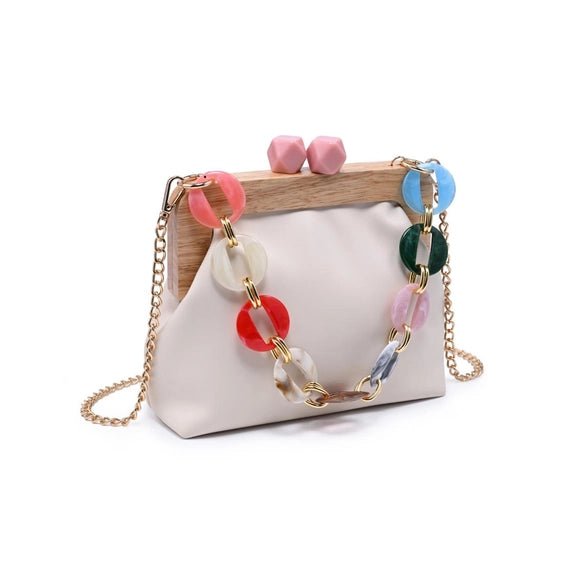 Sardinia Ivory Handbag - Wood Frame Vegan Leather Clutch with Rainbow Resin Chain - Heritage - Boutique.com