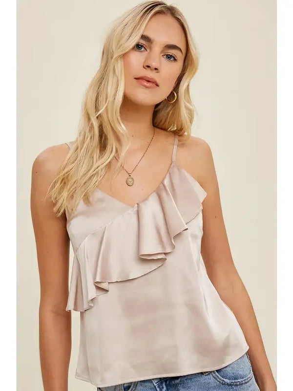 Satin Asymmetrical Ruffle Cami - Heritage-Boutique.com
