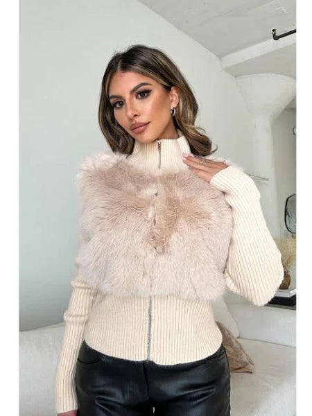 Ribbed Long Sleeve Cardi With Faux Fur Detail