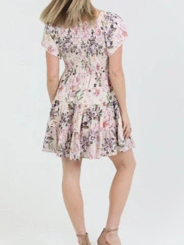 Short Sleeve Floral Smocked Bodice Midi Dress - Heritage - Boutique.com