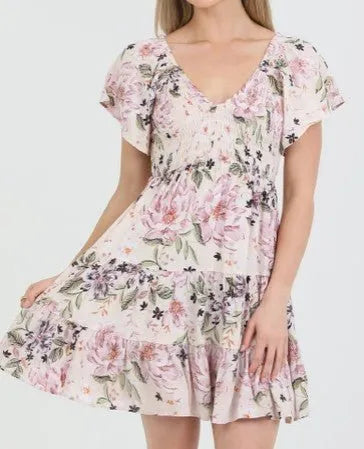 Short Sleeve Floral Smocked Bodice Midi Dress - Heritage - Boutique.com