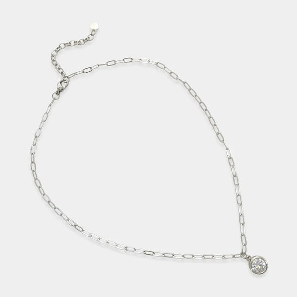 Silver Round Cubic Zirconia Paper Clip Chain Necklace - Heritage-Boutique.com