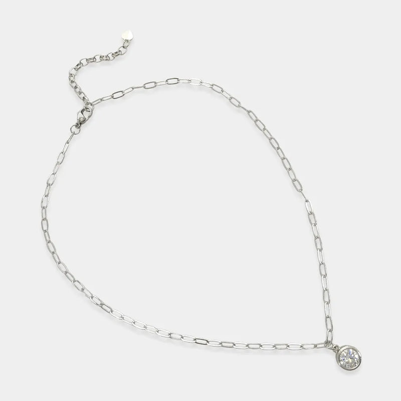 Silver Round Cubic Zirconia Paper Clip Chain Necklace - Heritage-Boutique.com