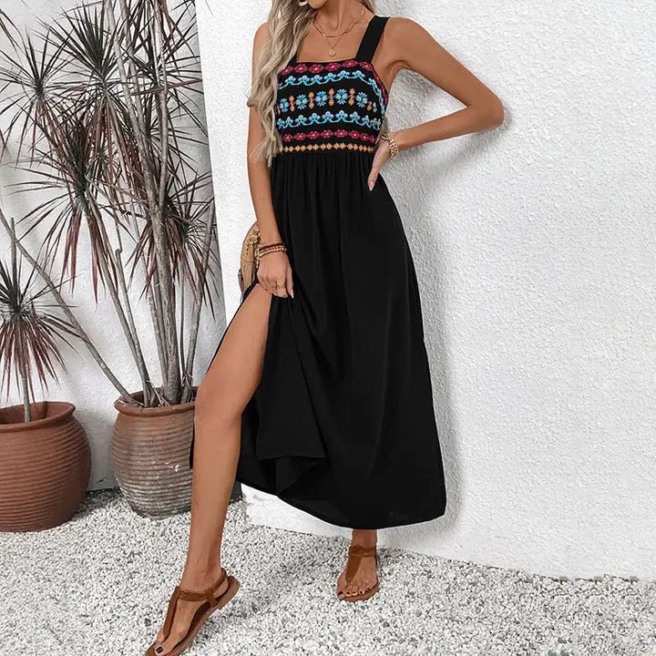 Sleeveless Halter Embroidery Patchwork Dress - Heritage - Boutique.com