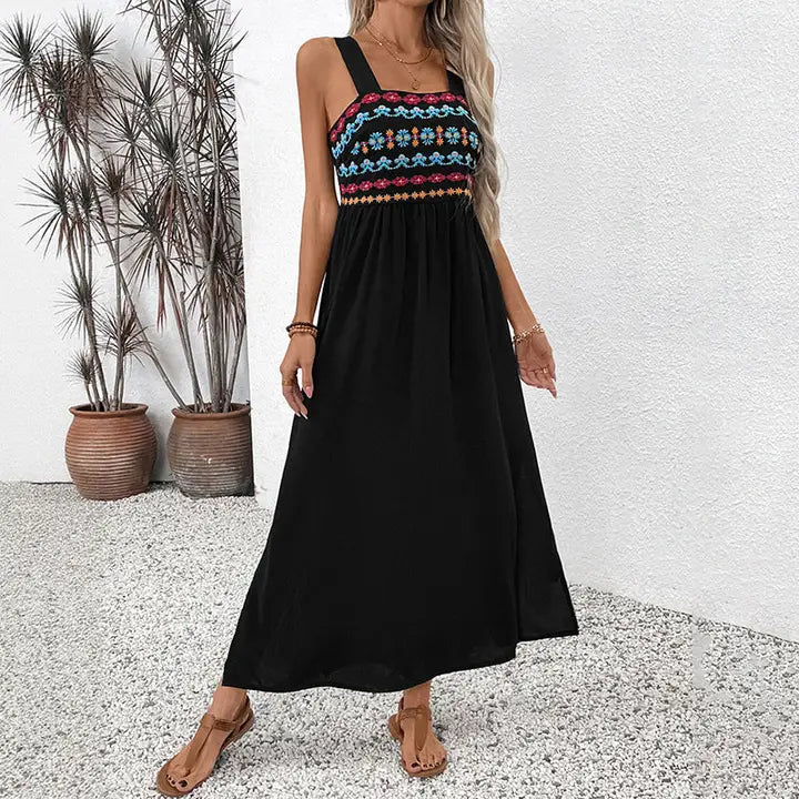 Sleeveless Halter Embroidery Patchwork Dress - Heritage - Boutique.com