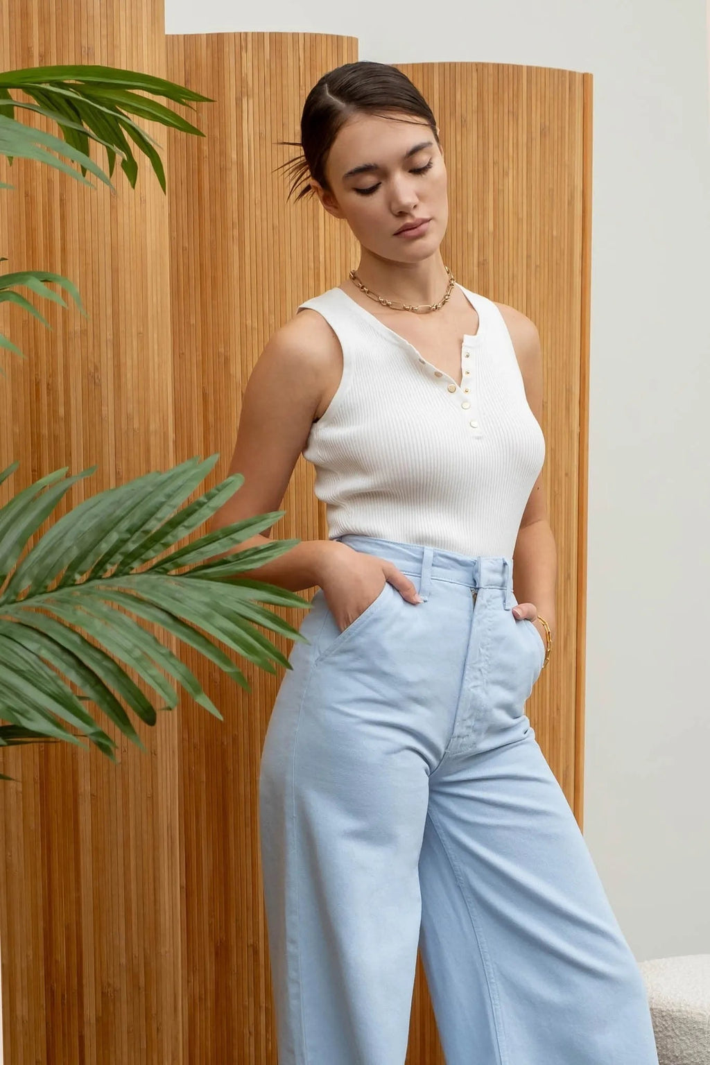 Sleeveless Sweater Knit Crop Top with Quarter Button - Heritage - Boutique.com