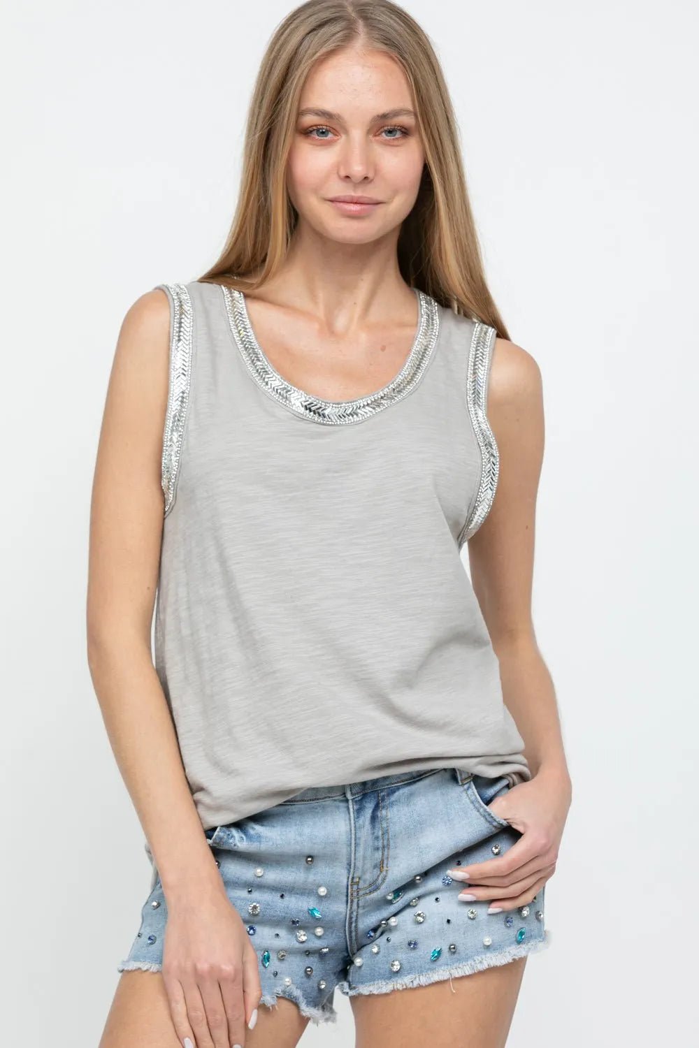 Sleeveless Vintage Bedazzled Round - Neck Top - Heritage - Boutique.com