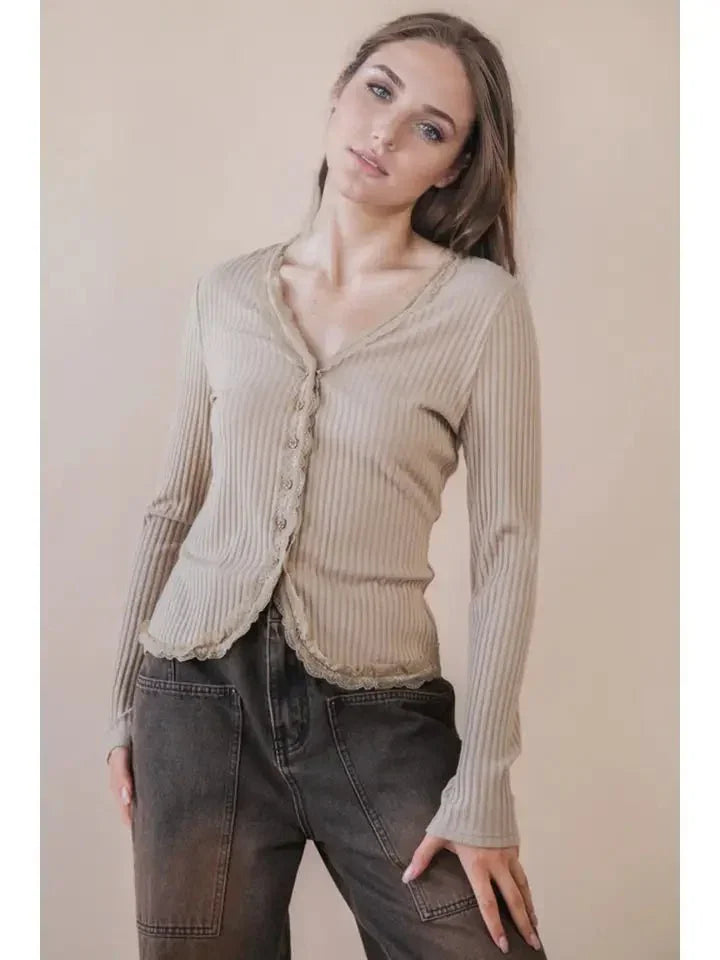 Soft Fitted Lace Trim Top - Heritage - Boutique.com