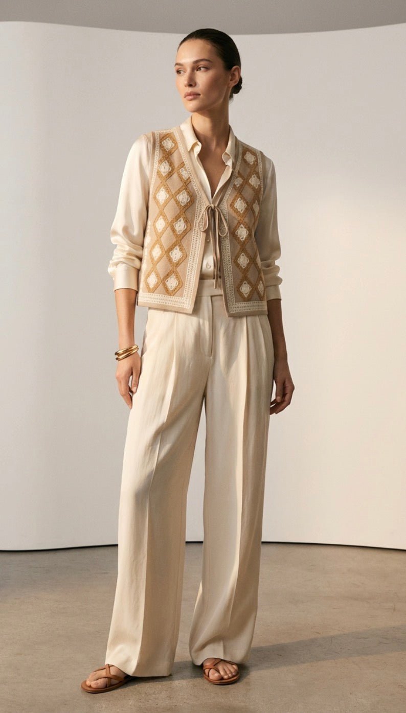 Soft Neutral Embroidered Vest Tie Front - Heritage - Boutique.com