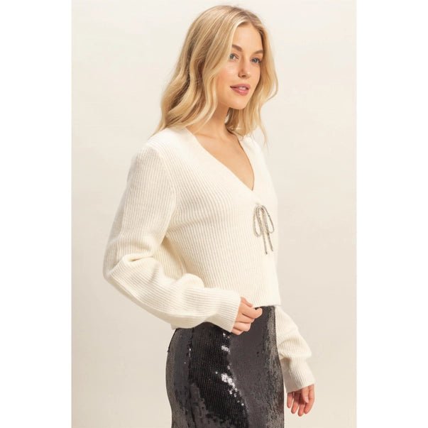 Sparkly Bow Embellished Cozy Cardigan - Heritage - Boutique.com