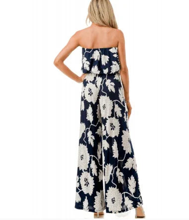 Strapless Navy Print Jumpsuit - Heritage - Boutique.com