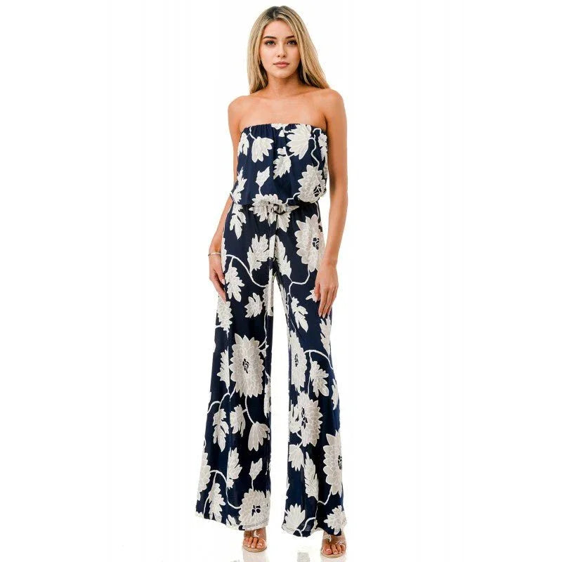 Strapless Navy Print Jumpsuit - Heritage - Boutique.com