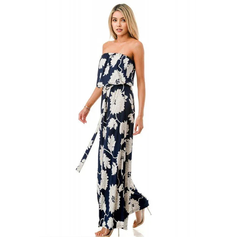 Strapless Navy Print Jumpsuit - Heritage - Boutique.com