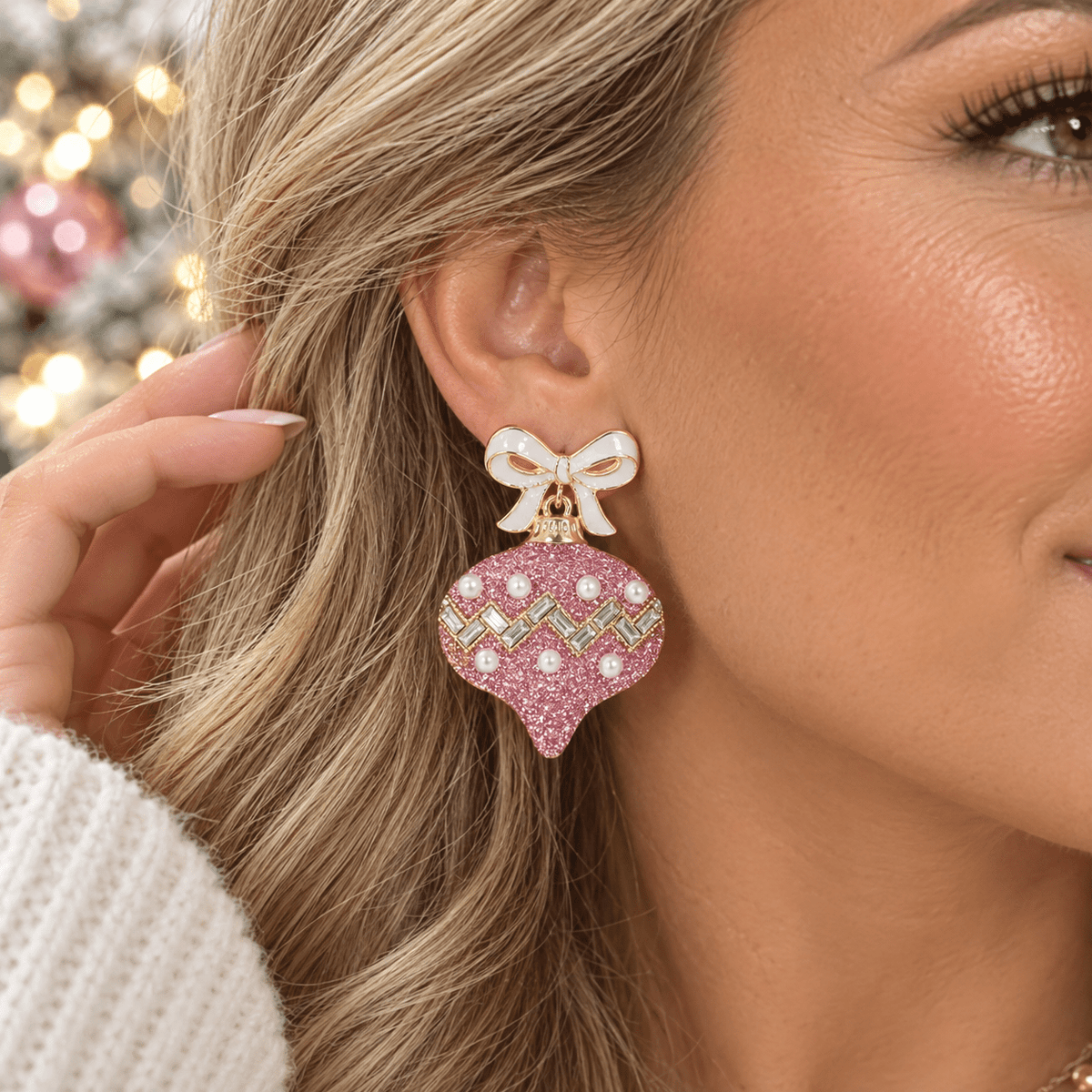 Sugarplum Sparkle Pearl Bow Christmas Ornament Dangle Earrings - Heritage-Boutique.com