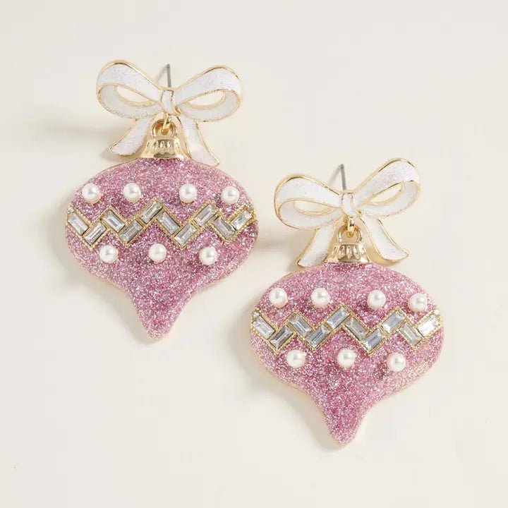 Sugarplum Sparkle Pearl Bow Christmas Ornament Dangle Earrings - Heritage-Boutique.com