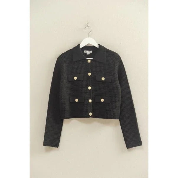 Textured Knit Sweater Jacket with Gold Buttons - Heritage - Boutique.com