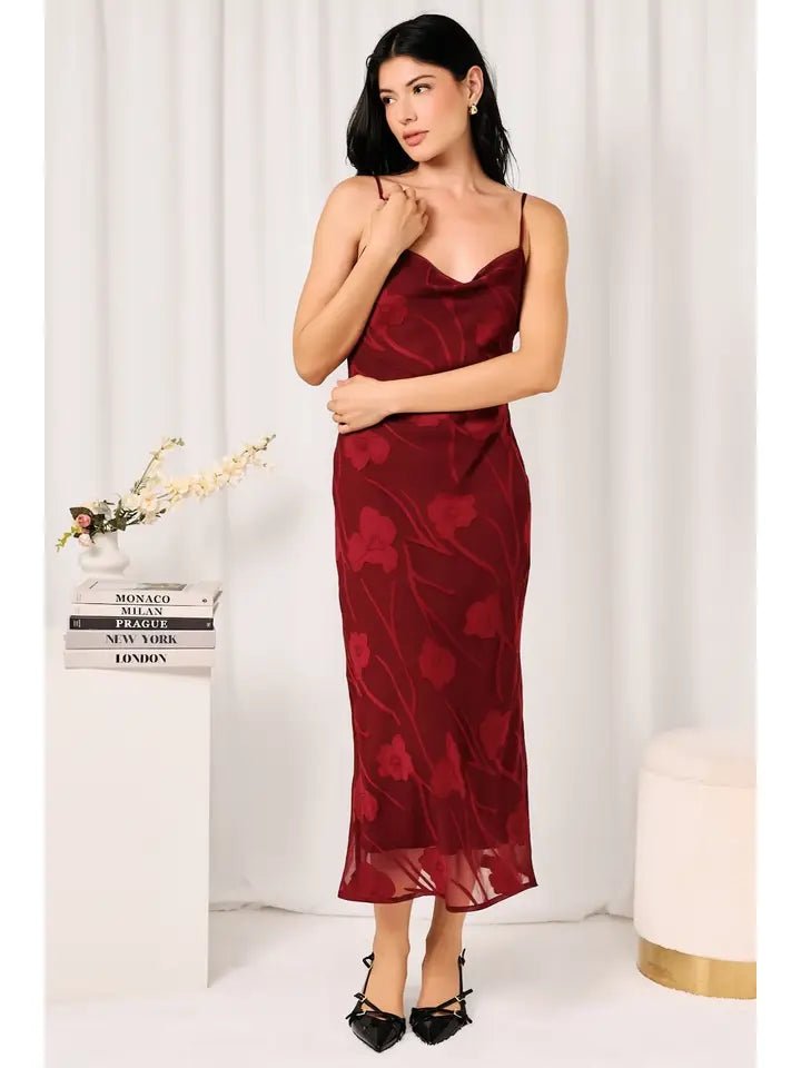 The Bordeaux Bloom Cowl-Neck Midi Slip Dress - Heritage-Boutique.com