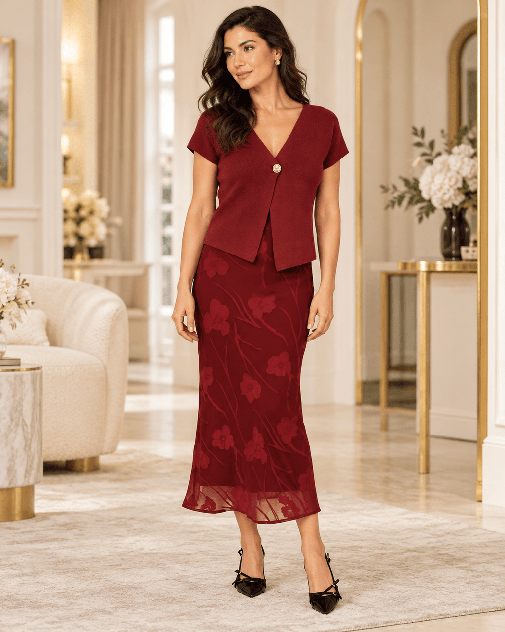 The Bordeaux Bloom Cowl-Neck Midi Slip Dress - Heritage-Boutique.com