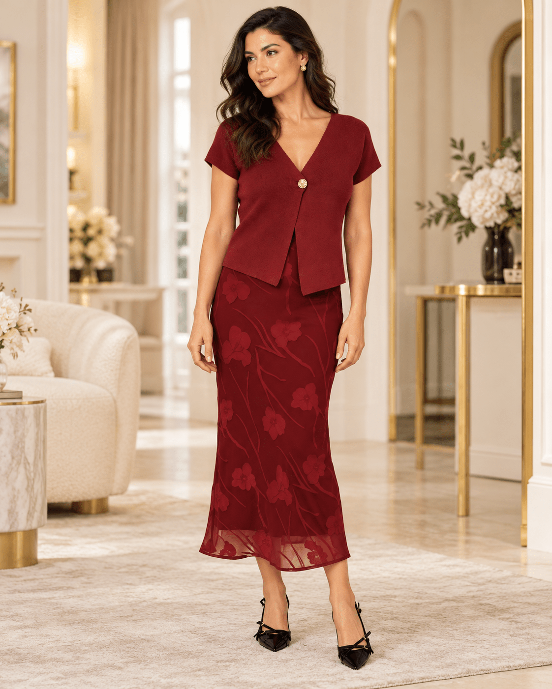 The Bordeaux Bloom Cowl-Neck Midi Slip Dress - Heritage-Boutique.com