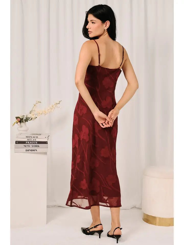 The Bordeaux Bloom Cowl-Neck Midi Slip Dress - Heritage-Boutique.com