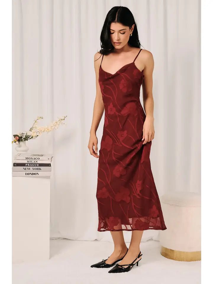 The Bordeaux Bloom Cowl-Neck Midi Slip Dress - Heritage-Boutique.com
