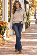 The Cold Spring Taupe Denim-Trim Collared Sweater - Heritage-Boutique.com
