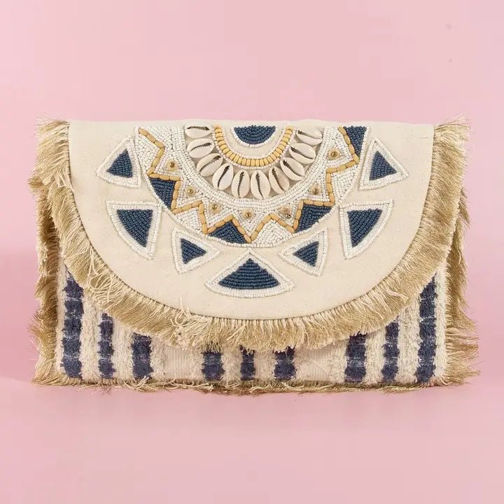 The Santorini Beaded Fringe Mandala Clutch - Heritage-Boutique.com
