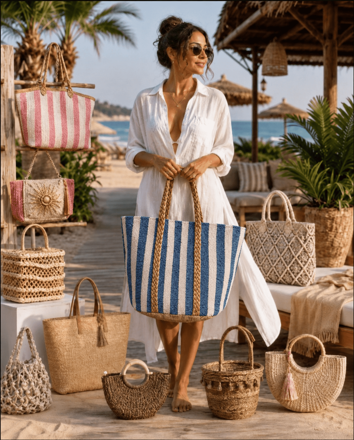 The Seaside Striped Large Tote - Coastal- Lakeside - Resort Large Tote - Heritage-Boutique.com