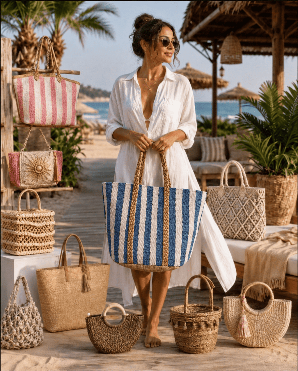 The Seaside Striped Large Tote - Coastal- Lakeside - Resort Large Tote - Heritage-Boutique.com